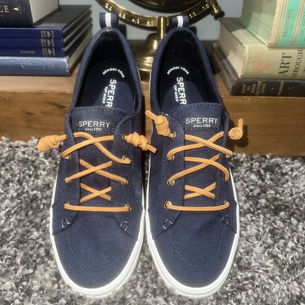 Sperry Navy Canvas Slip-On Flats with Tan Laces